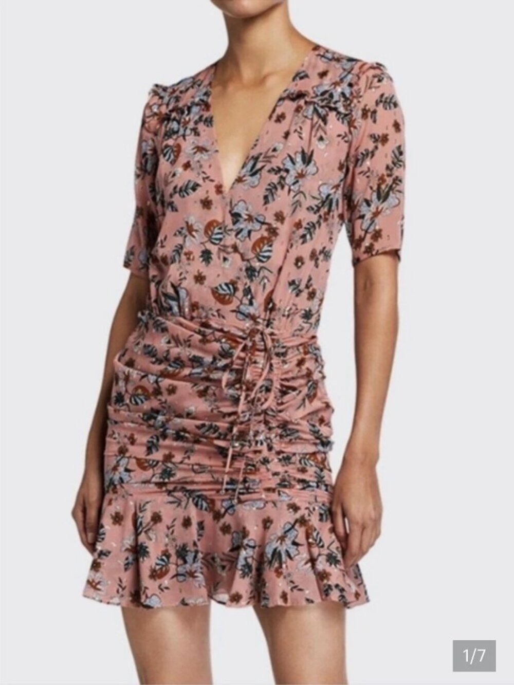 VERONICA BEARD Dusty Blush Silk  "Dakota" Floral Ruched Mini Dress Sz 12